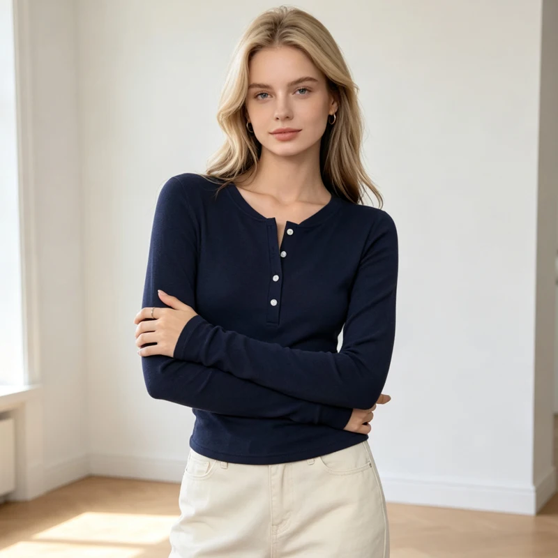 Long Sleeve Casual Simple T-Shirt Elegant Button Down Slim Fit Top Autumn Winter Solid Color Basic Tee Shirt Female Clothing