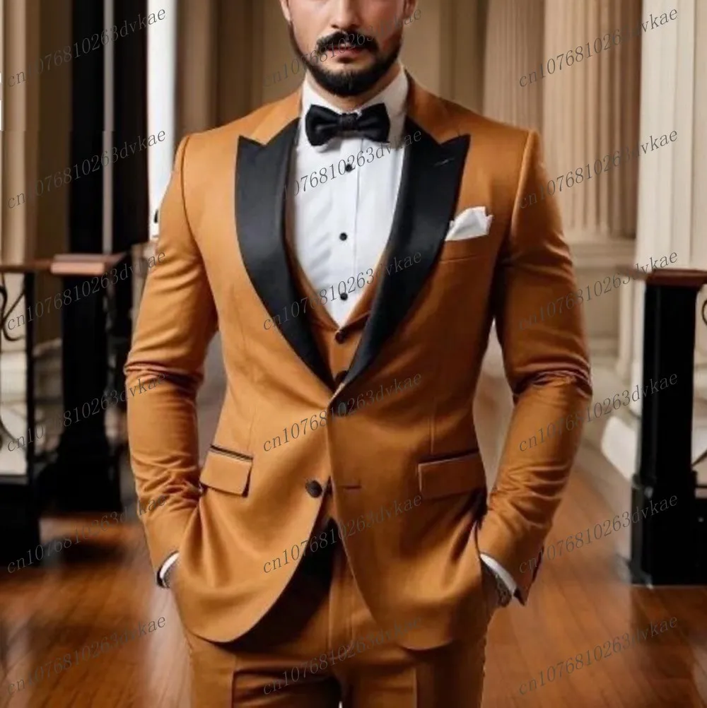 

New Black Collar Gold Formal Men Suit Groom Groomsman Wedding Party Prom Business Male Tuxedos 3 Piece Set Blazer Vest Pants