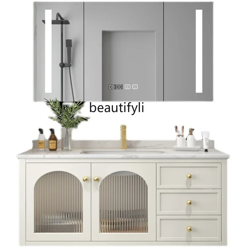 

American Light Luxury Bathroom Cabinet Wall Cupboard Stone Plate Solid Wood Mirror Cabinet Oak Smart Washbasin Cabinet