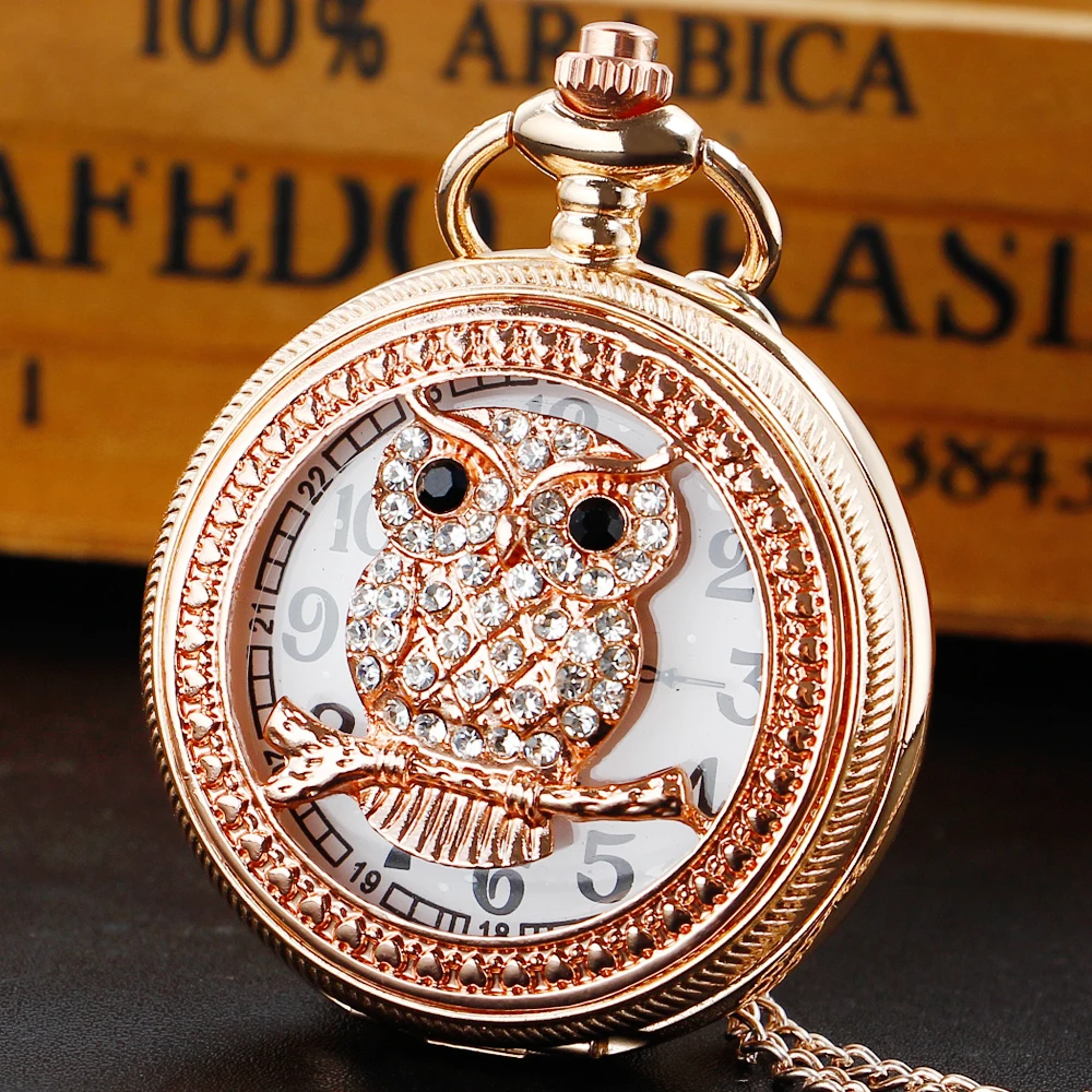 Charming Diamond-encrusted Luxury Owl Hollow Quartz Pocket Watch Necklace Sweater Pendant  Handicraft Artwork Chain Clock