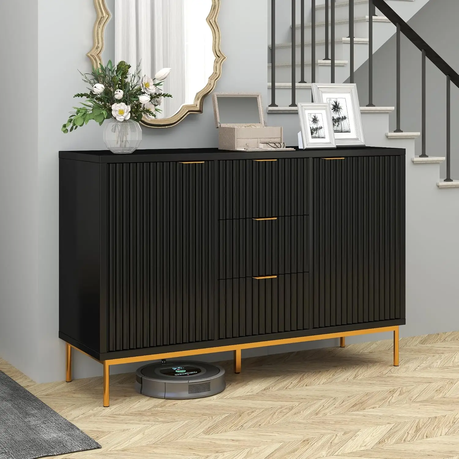 Fluted Sideboard Cabinet, Modern Black Buffet with 2 Drawers for Kitchen, Living or Dining Room