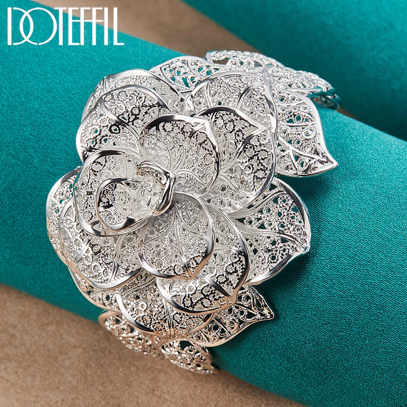 DOTEFFIL 2pcs 925 Sterling Silver Big Flower Bracelet Ring Set For Woman Man Wedding Engagement Party Fashion Charm Jewelry