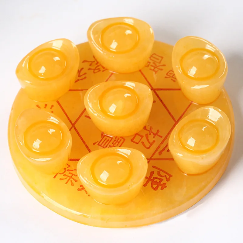 Yellow Jade Ornament, Gourd Treasure Basin, Ingot Seven-Star Array, Creative Home Decor Craft Gift Display