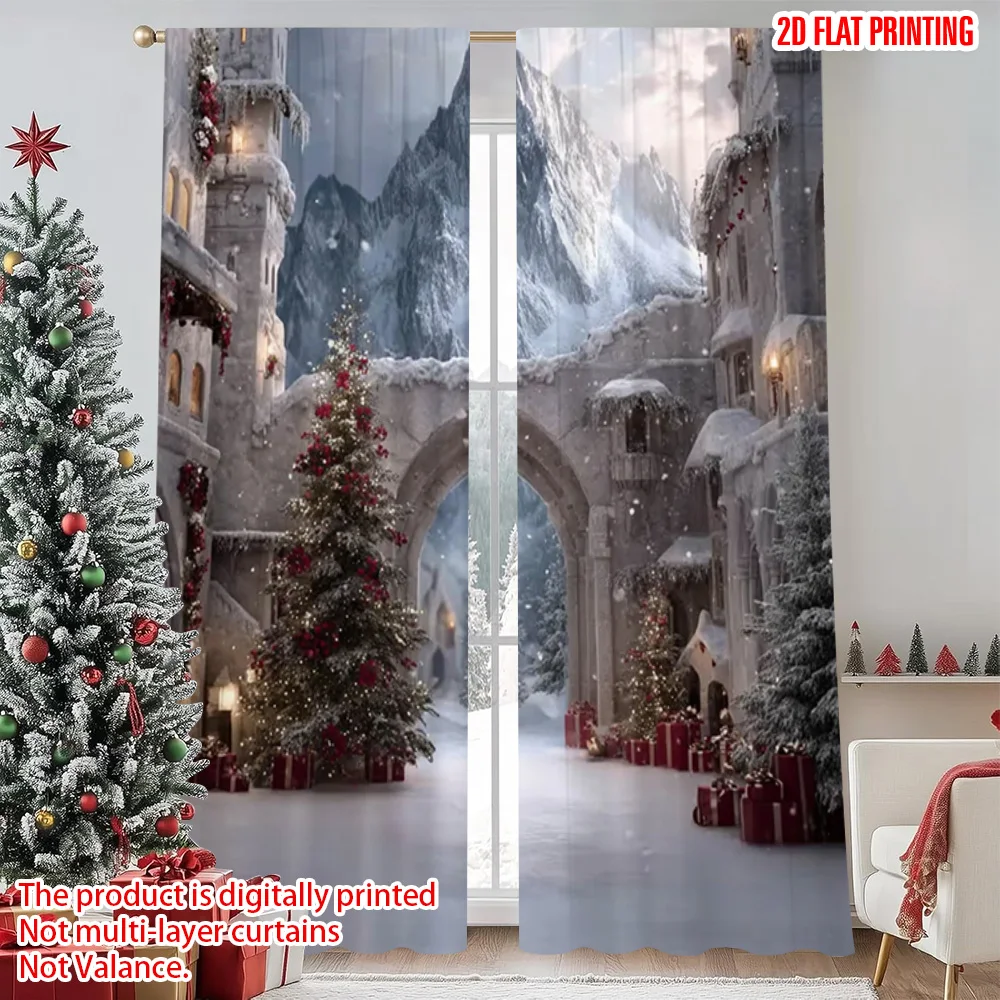 

2pcs 2D flat printing Merry Christmas Curtain Snow View Villa Versatile 100% Polyester Without Electricity Festive Wall Decor