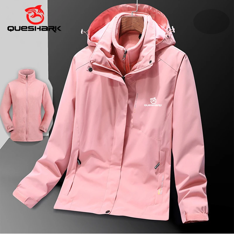 QUESHARK Women 3 in 1 Set Fleece Thermal Waterproof Windproof Softshell Camping Hiking Jacket Autumn Winter Windbreaker Coat