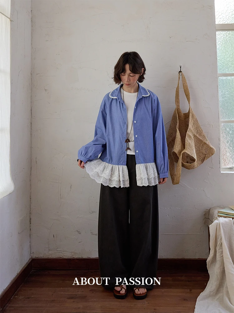 

Женская приталенная рубашка в повседневном стиле с кружевными вставками и полосками, из смесового хлопка, с длинным рукавом, модная, весна-осень