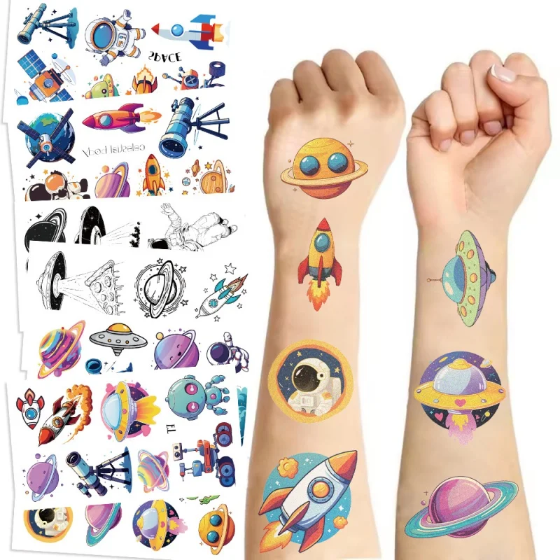 10sheets Space Temporary Tattoos Stickers for Kids Cartoon Astronauts Aliens Outer Planet Simulated Tattoos Children Party Favor