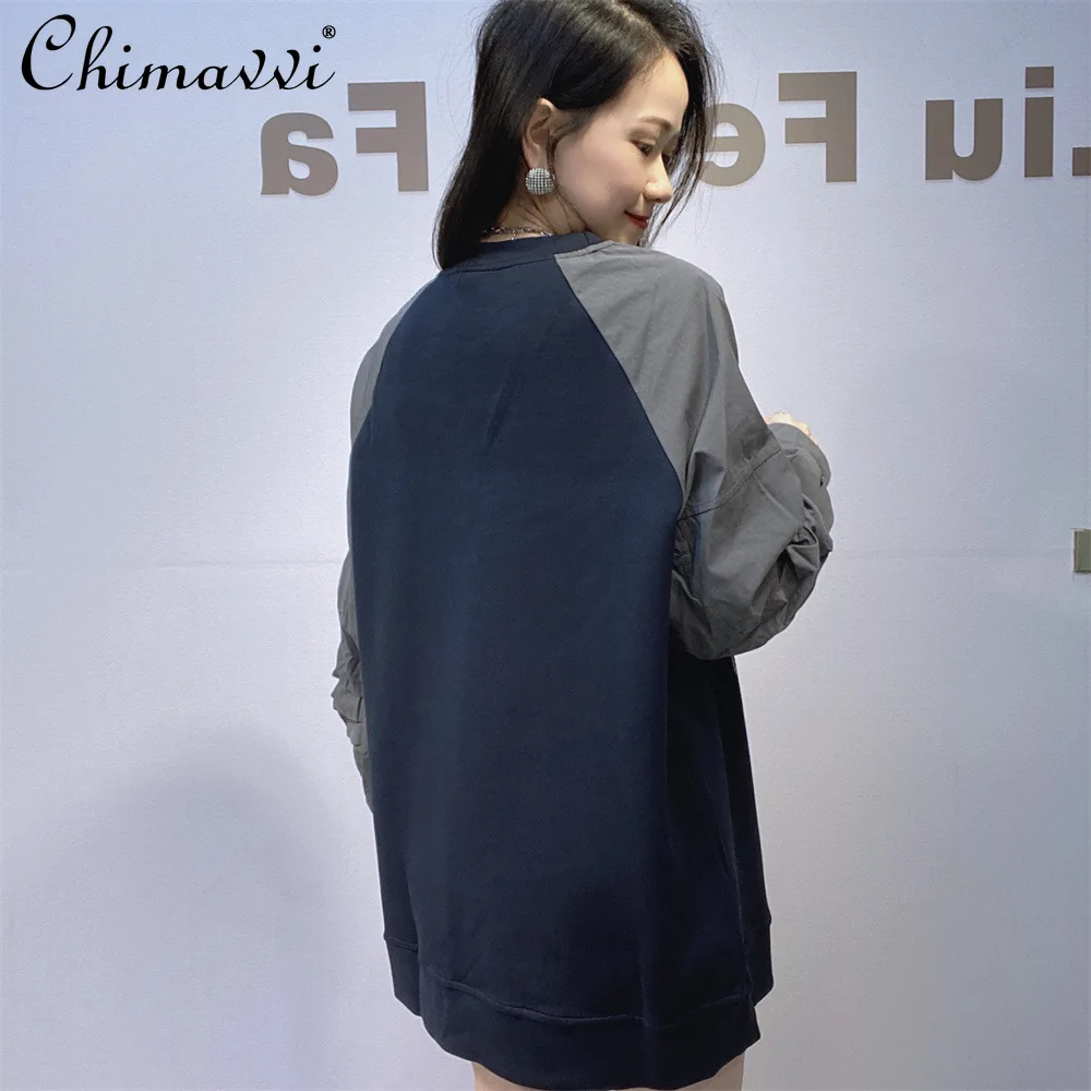 American Retro Round Neck Long-sleeved Sweatshirt Women's Autumn New Heavy Hot Diamond Loose Large Size Splicing Top Fashion