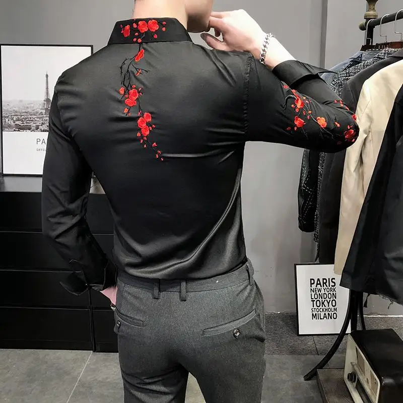 Spring Slim Floral Embroidery Long-sleeved Men\'s Shirts Harajuku Y2K Korean Casual Fashion Trend POLO Collar Tops Male Clothes