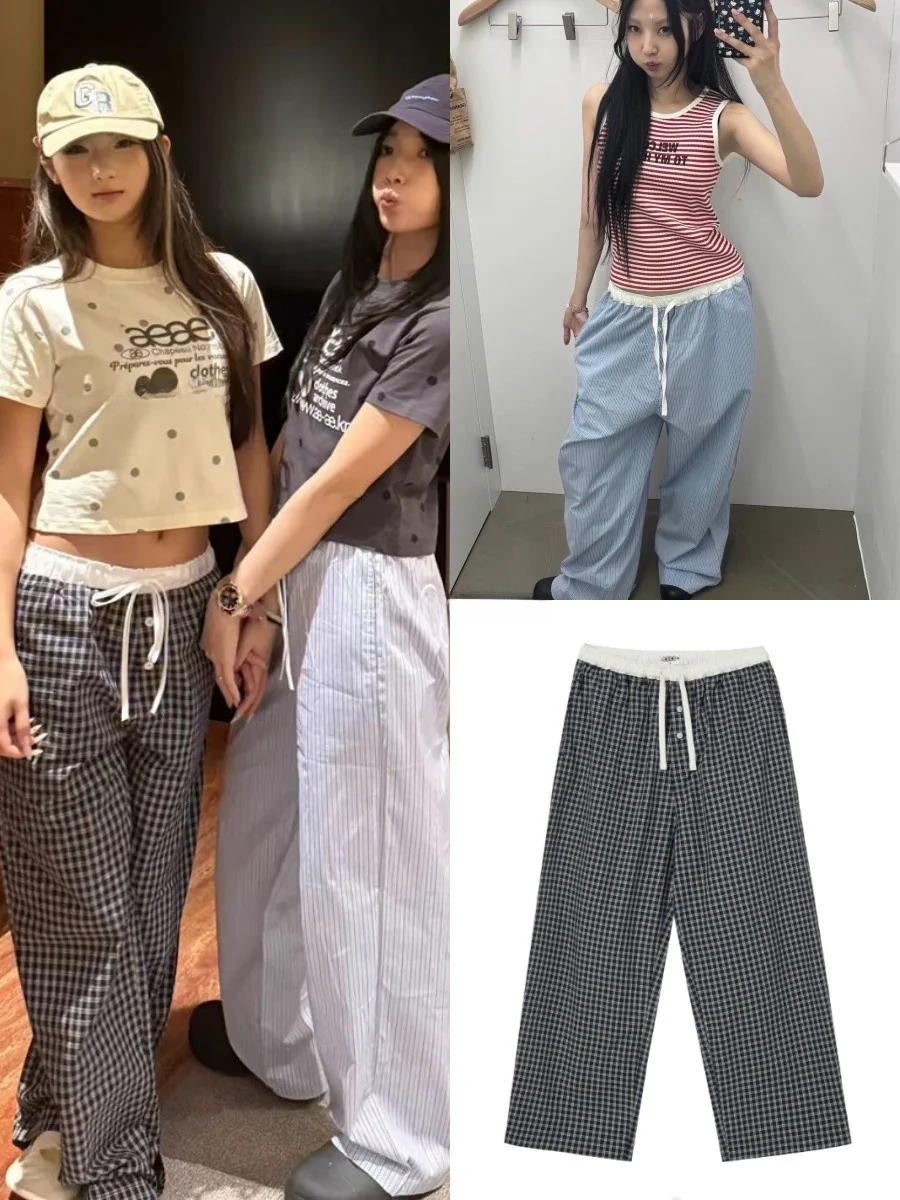 

Женские свободные брюки с высокой талией, хлопковые, в клетку, прямого кроя, повседневные, летние, новые, на шнурке, с двухцветным узором в виде крыльев