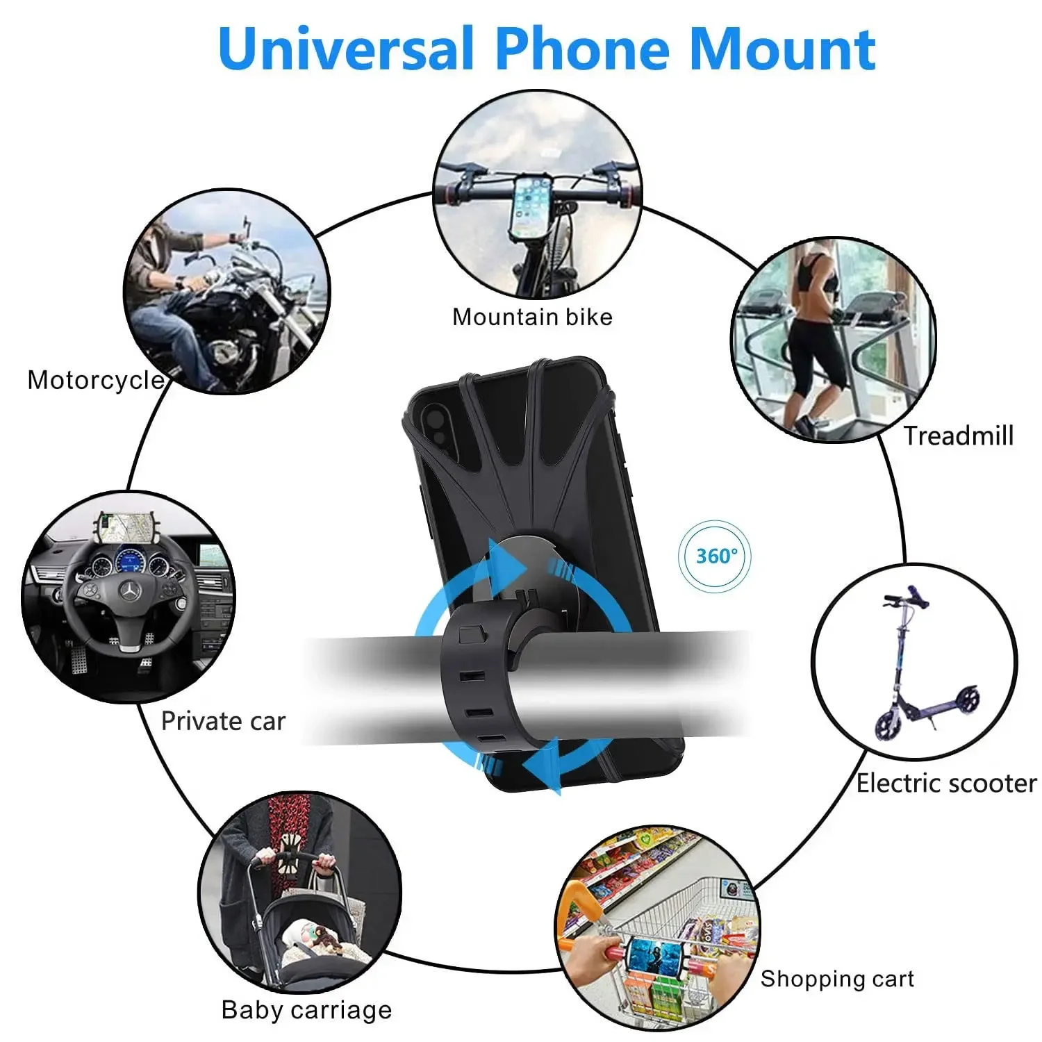 Universal Bike Phone Mount, 360° Rotatable Silicone Holder Compatible with IPhone/Samsung