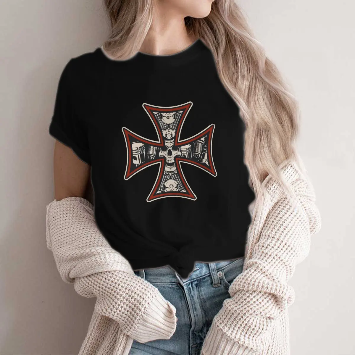 Biker O Neck Polyester TShirt Iron Cross Basic T Shirt Woman's