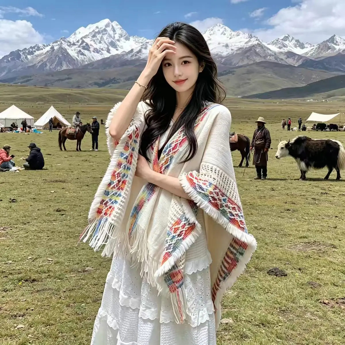 Boho Ethnic Print Poncho Shawl Women Open Front V Neck Tassel Fringe Cape Wrap Lightweight Bohemian Cover‑Up Vacation Coat