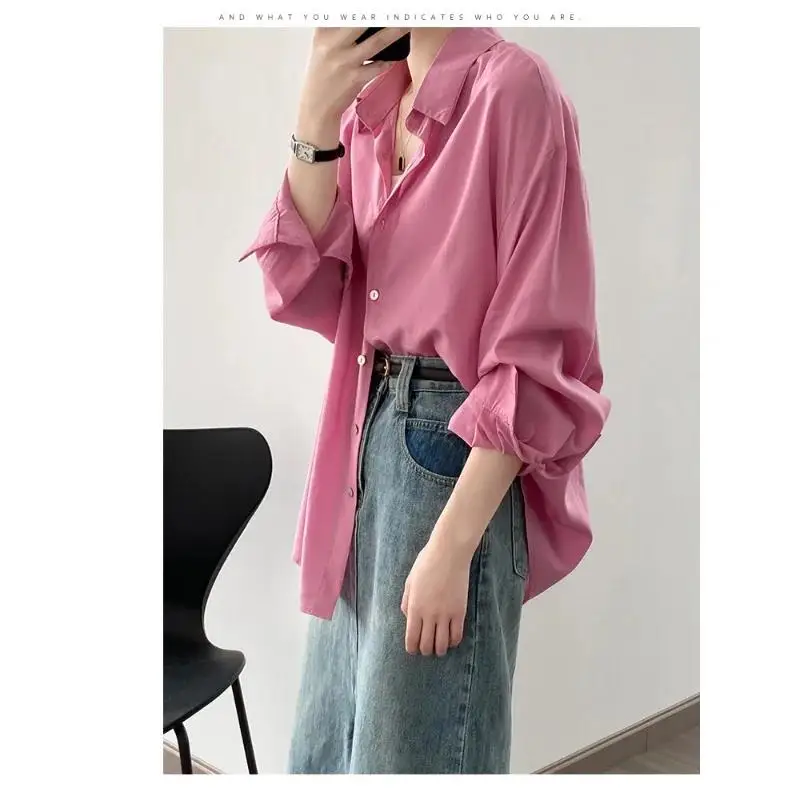 Women Shirt Thin Sky Silk Sunscreen Loose and Slimming Casual Long sleeved Shirt 2024 Spring New Casual Tops