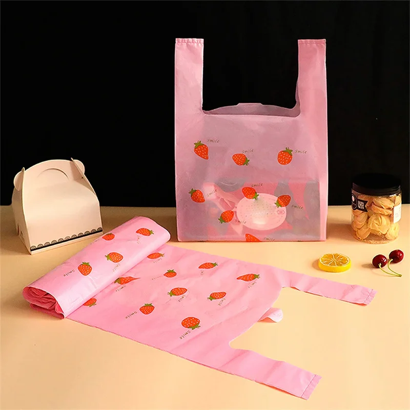 50pcs Hand-Carrying Shopping Packaging Bags Grocery Supermarket Tote Bag Cute Pink Strawberry Plastic Packaging Bag