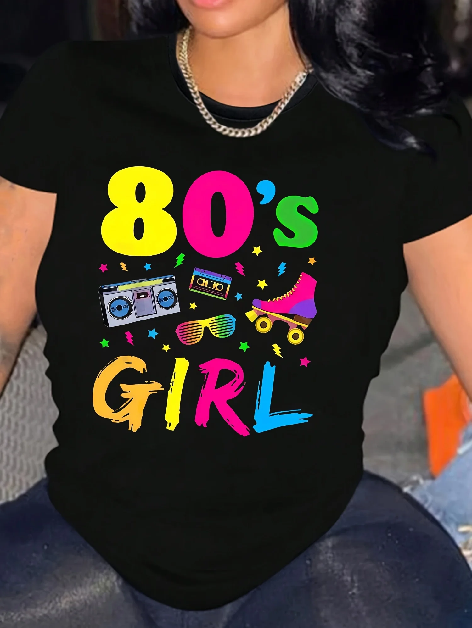 

WomenS 80S Girl Graphic Tee Short Sleeve Crew Neck T-Shirt Polyester Knit Fabric Medium Stretch Regular Fit