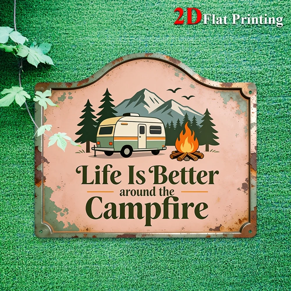 1pc 2D Flat Aluminum Sign Artwork Depicting A Vintage Camper And Campfire Scene, Ideal For Rustic Home Decoration, Cabin Living