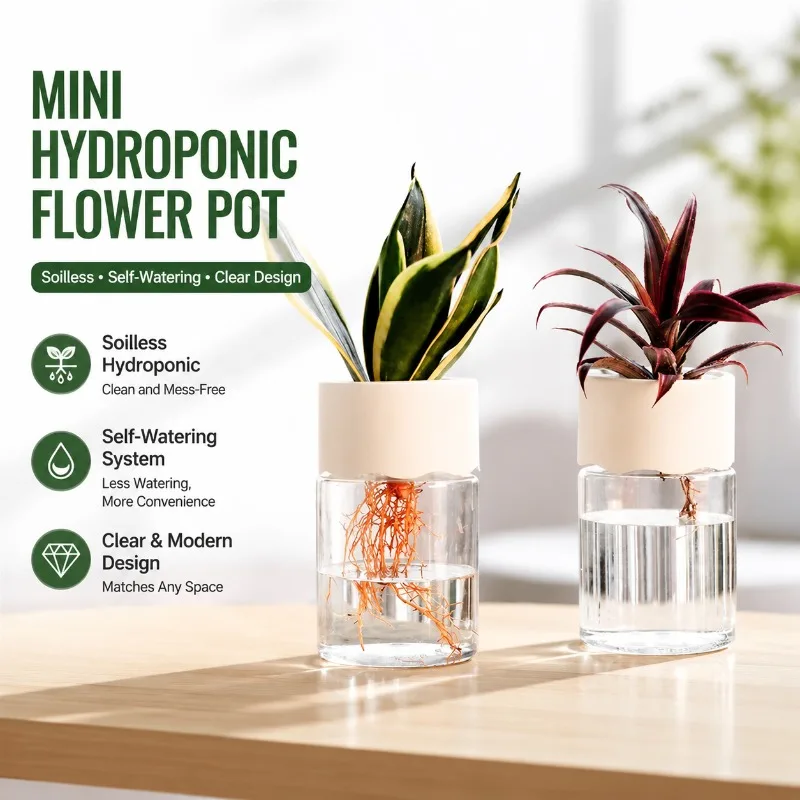 Mini Hydroponic Flower Pot Clear Imitation Glass Design Soilless Self-Watering Plant Pot for Home Office Decoration Durable