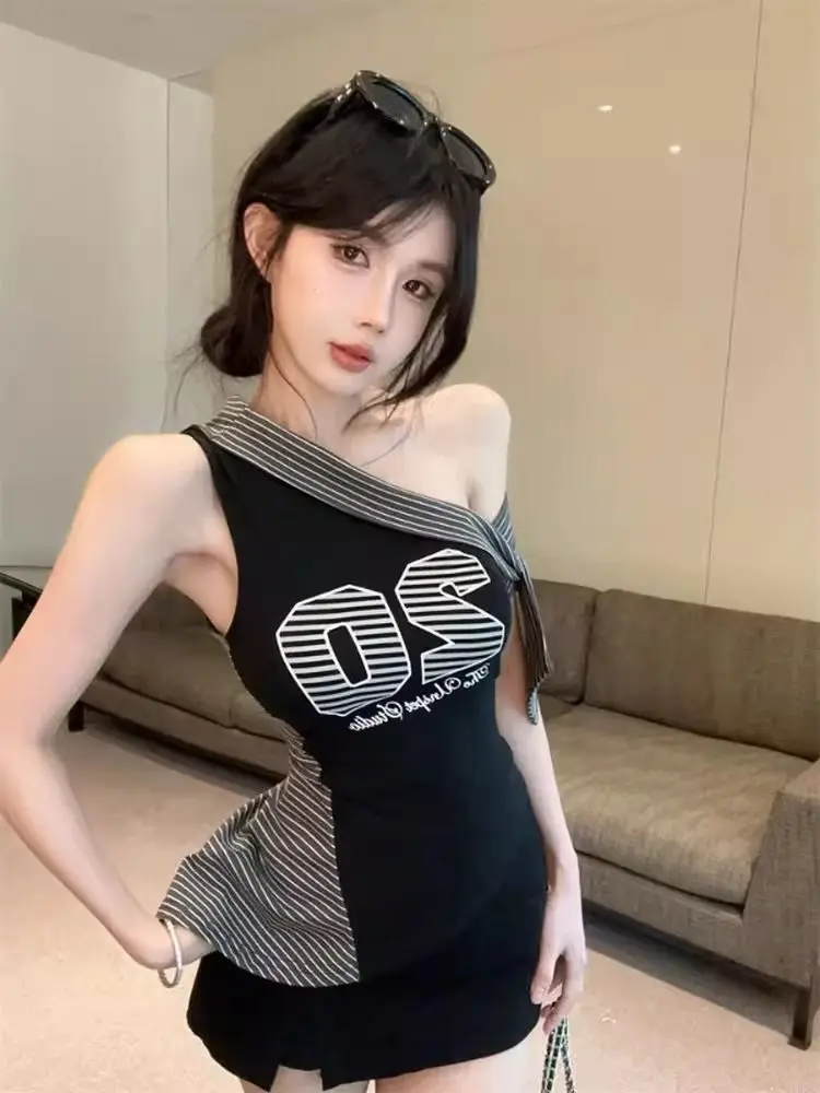 Summer Women's Asymmetric One Shoulder Camisole Y2k Slim Fit Irregular Hem Sexy Going Out Crop Top