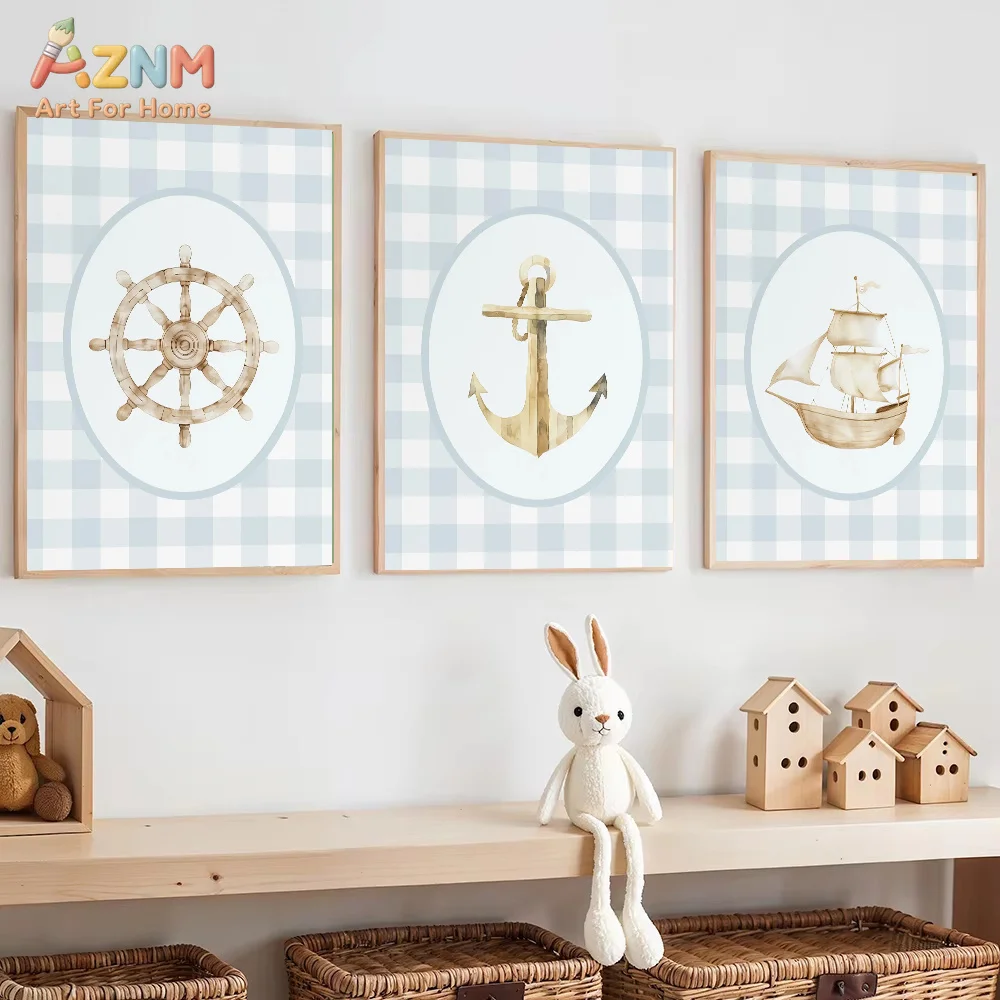 AZNM Nautical Anchor Ship Wheel Canvas Wall Art Blue Check Watercolor Print Boys Nursery Room Decor Unframed