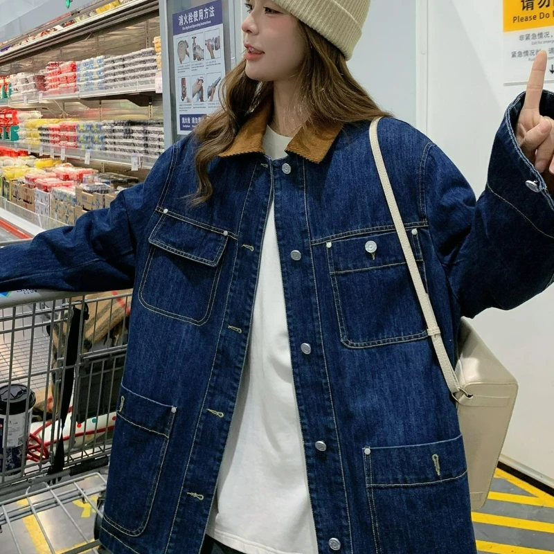 

Ретро-куртка из хлопкового денима для женщин, новая зимняя коллекция 2026, модная свободная теплая куртка в корейском стиле