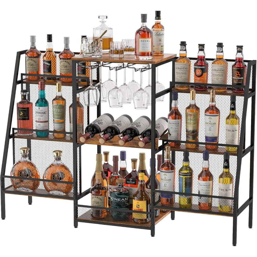 

Bar Stand with Glass Holder, Wine Rack Freestanding Floor, Liquor Cabinet for Liquor Whiskey Wine, 6-Tier Stepped Bar