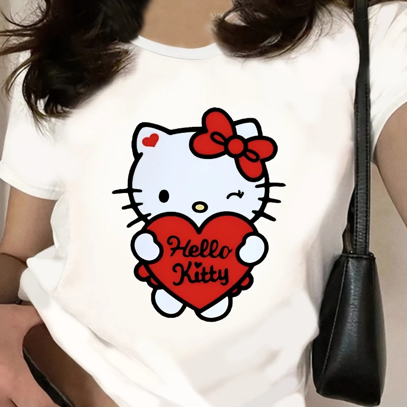 

Sanrio for hello kitty, милая футболка с принтом из мультфильма, женская и мужская модная повседневная летняя спортивная свободная футболка с круглым вырезом и короткими рукавами