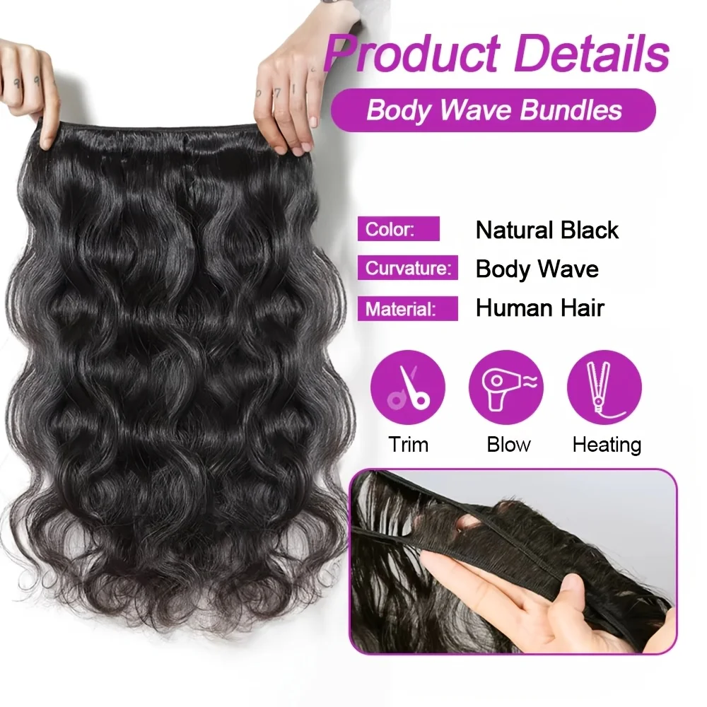 12A Body Wave Bundles Human Hair Natural Black Body Wave Raw Human Hair Bundles 1/3/4 Pc Sew In Quick Weave Hair Extension image 3