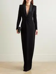 Freeacy 2026 Women's Dress Solid Black Deep V-neck Long Sleeves Floor Length Evening Dresses Ladies Slim Fit Wrap Suit Dress