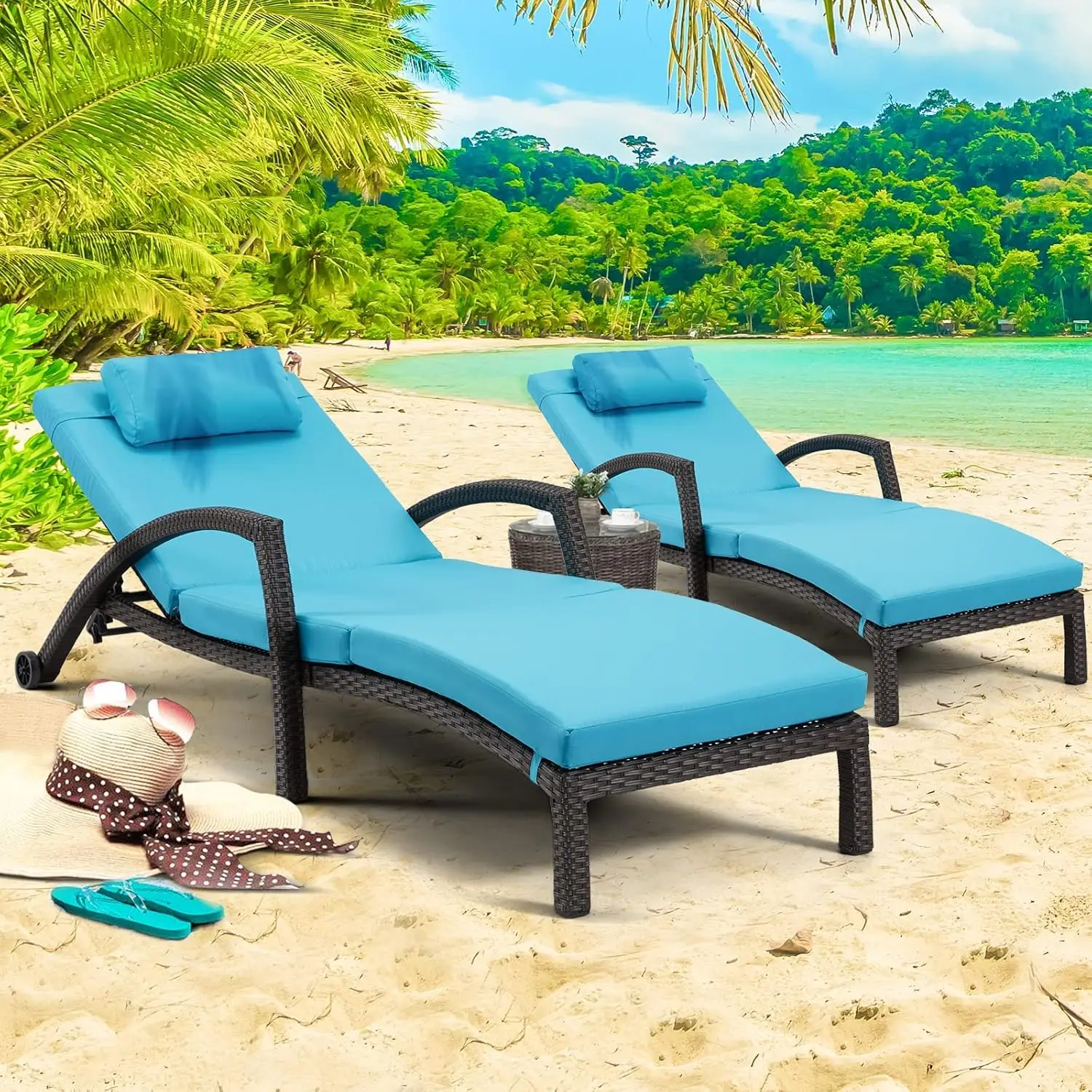 Outside Chaise Lounge Chairs Set of 2 Adjustable 5 Position Outdoor PE Rattan Wicker Patio Pool Lounge Chair with Cushion Blue