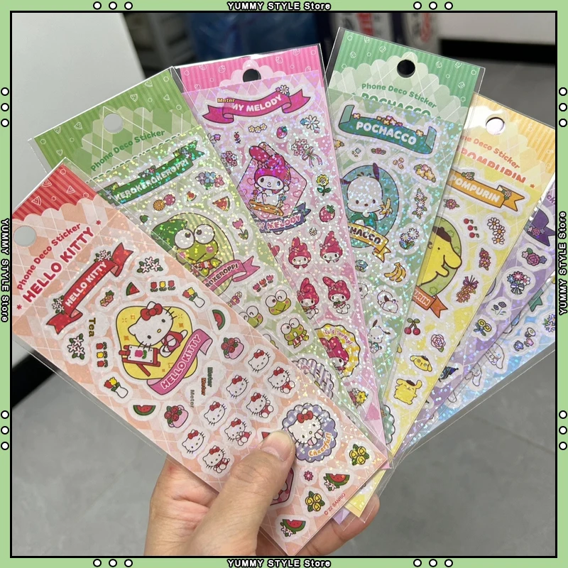 7pcs Cute Cartoon Laser Stickers Hello Kitty My Melody Pochacco Cinnamoroll Kuromi Adhesive Diy Diary Scrapbook Phone Decoration
