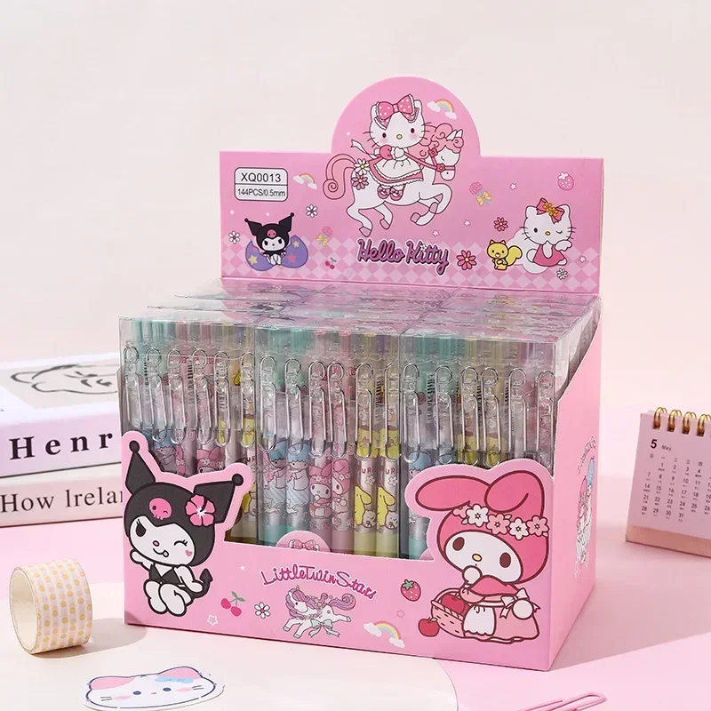 Sanrio 12pcs Gel Pens Cartoon Melody Hello Kitty Student Stationery Write Pen 0.5 Black With Metal Hook Office Signature Pens