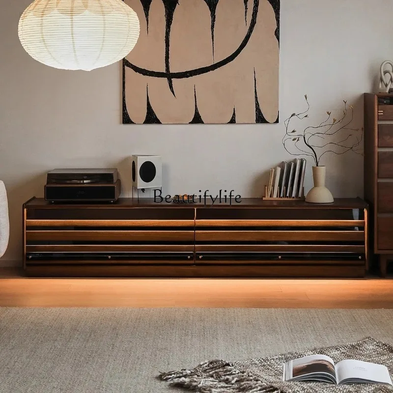 

Black walnut floor TV cabinet small apartment living room household floor cabinet solid wood