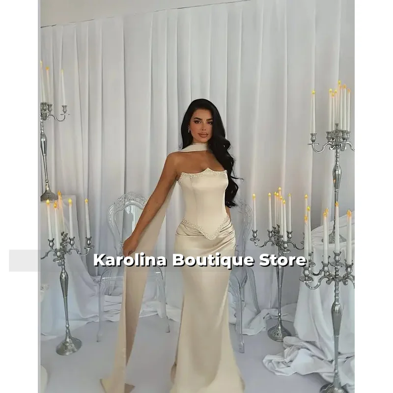 

Satin Strapless Sleeveless Ribbon Mermaid Floor Length Crystal Prom Dresses Luxury Simple Evening Gowns Customized