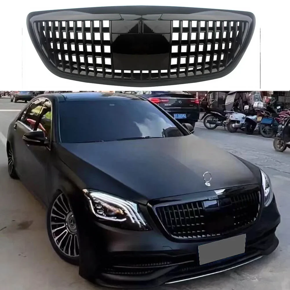 Front Racing Facelift Grille Upper Grill For Mercedes-Benz W222 2014 2015 2016 2017 2018 2019 With ACC Camera Flip Glossy BLK