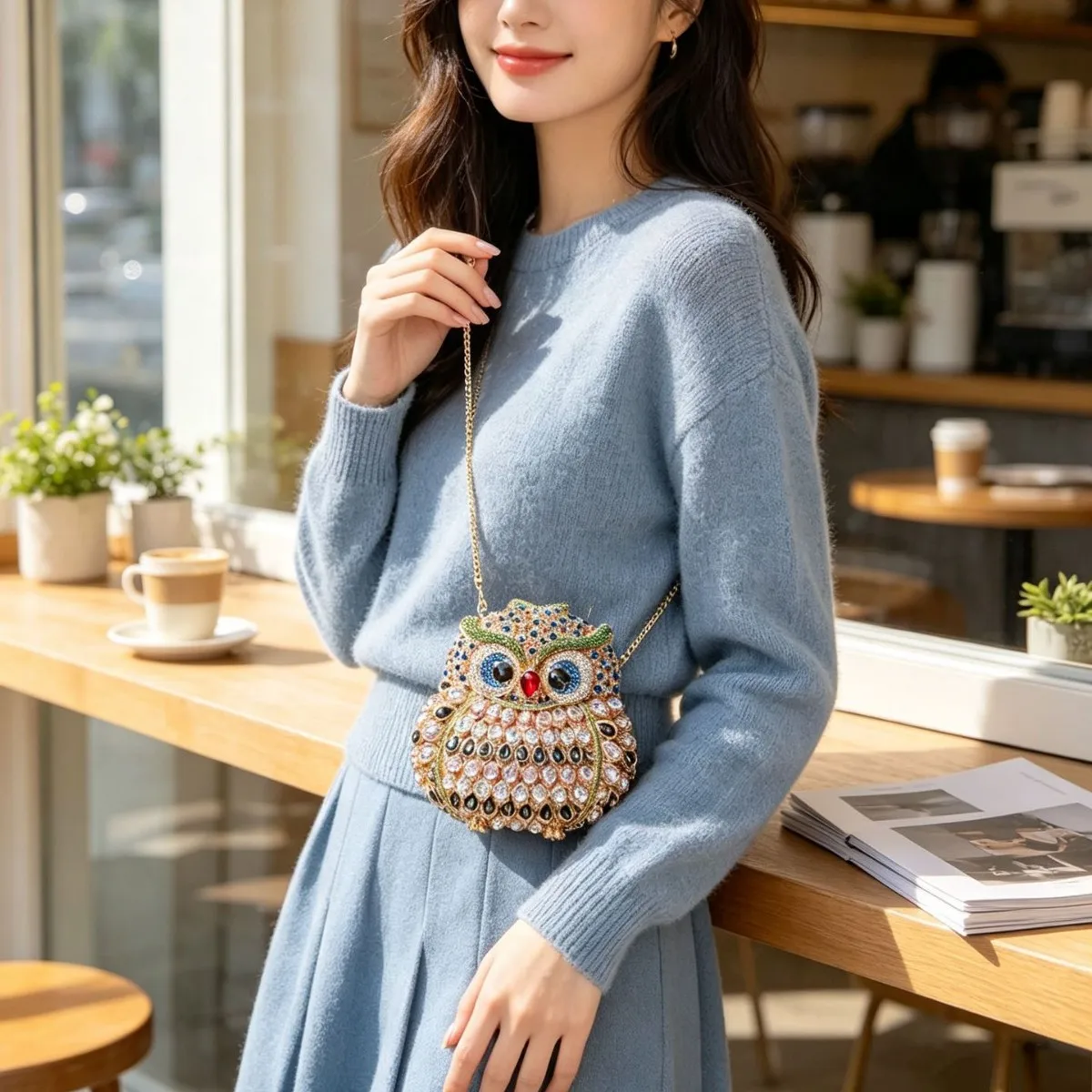 Heavy industry colored diamond owl clutch bag full of gorgeous rhinestones chic eye-catching personalized niche dress dinner bag view 4