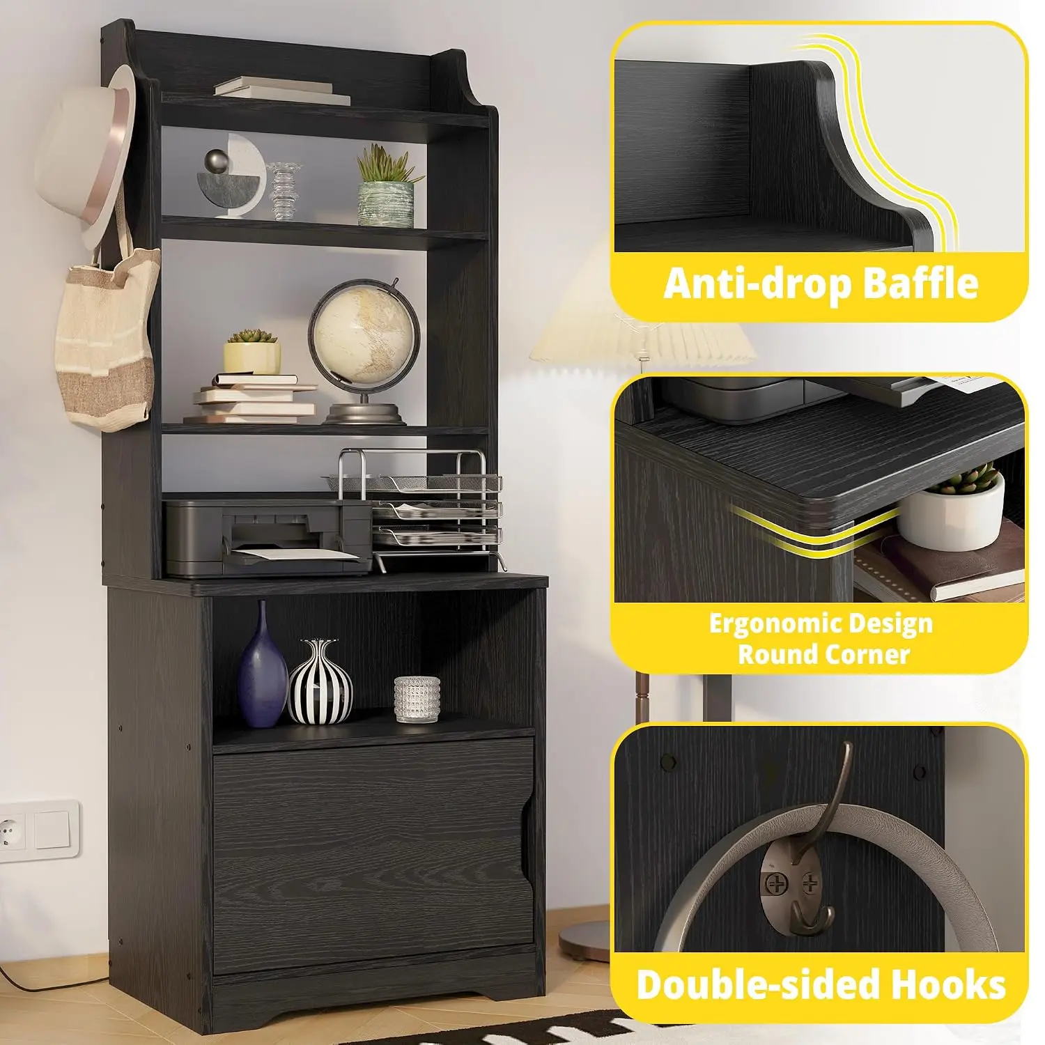 Nightstand, 55" Tall End Side Table with Charging Station and Storage Cabinets, Small Bookshelf, for Living Room, Customized