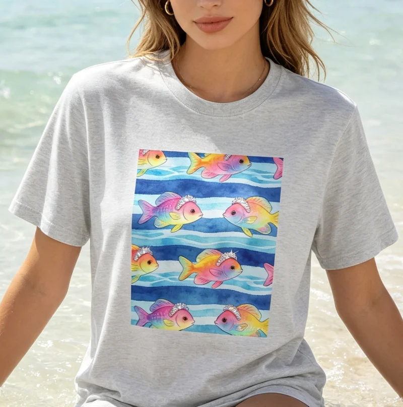 Watercolor Gradient Tropical Fish Seamless Pattern Graphic T Shirt Sea Stripes Background Breathable Cotton Seaside Sleeve Top