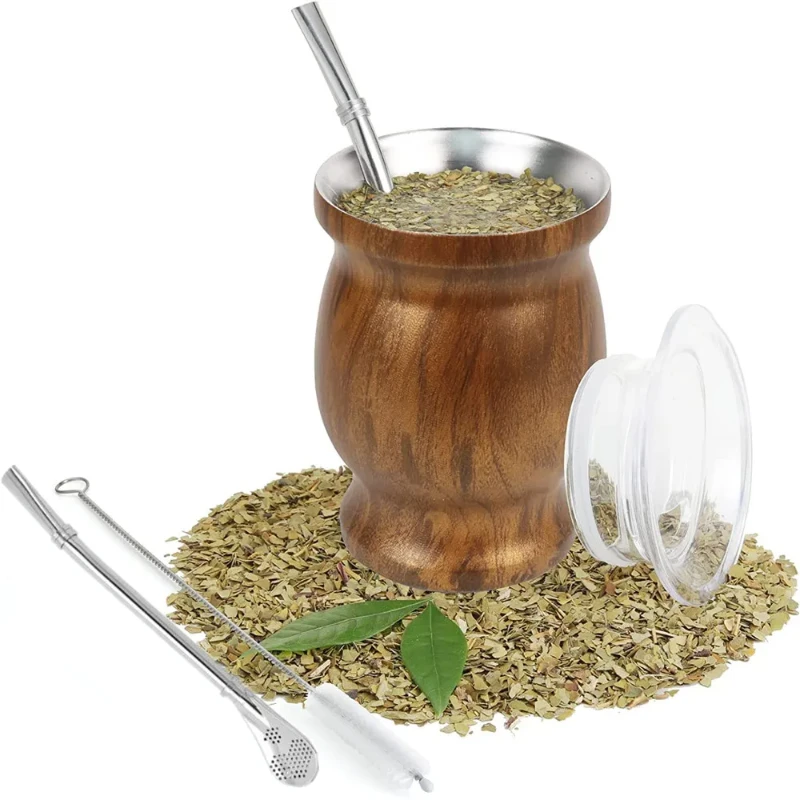 8Oz Yerba Mate Cup Set 18/8 Stainless Steel Modern Mate Cup with Bombilla Mate Straw Cleaning Brush Lid BPA Free Hot Cold Drink