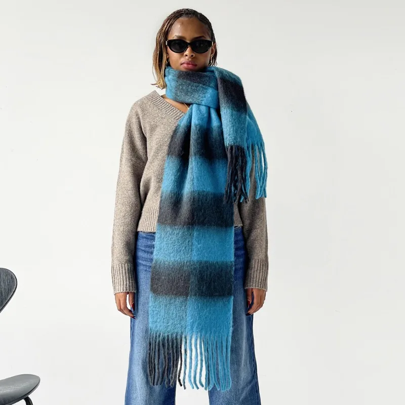 Women Plaid Scarf Winter Blue Tassel Thick Soft Shawl Wrap High grade Neck Scarf For Daily Wear