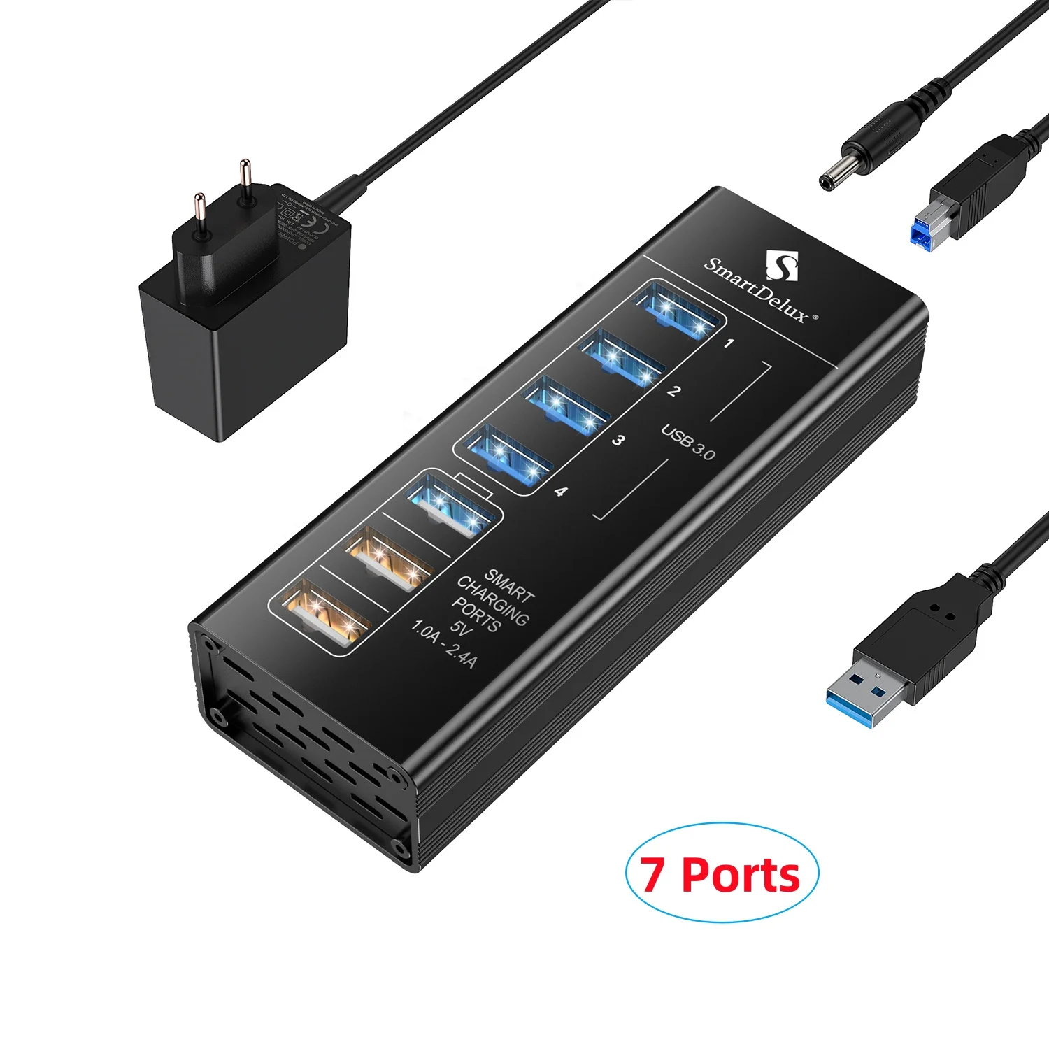 NONE 7/13 Ports USB Hub 3.0 5 Gbit/s Aluminium LED Licht USB A 3.0 Hub Splitter Verlängerung Dock 5V Netzteil für Laptop Desktop 4