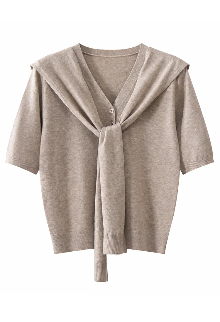 MZ62082 Damen-Strickjacke mit Schalkragen, kurzen Ärmeln, V-Ausschnitt, weicher, einfarbiger Modal-Mischstoff, lässiger Pullover für den frühen Herbst – Detail 16