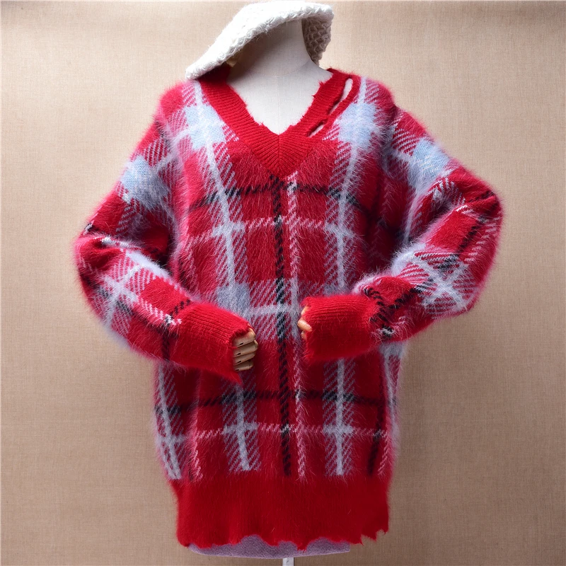 

Women Mujer Autumn Winter Fashion Plaid Hairy Angora Rabbit Hair Knitted V-Neck Long Sleeves Lazy Oaf Loose Pullover Sweater Top