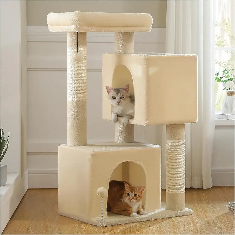 

XL Cat Tree 44" Cat Tower for Large Cats 20 lbs+, 2 Spacious Caves with 3.4" Thickened Scratching Post, Large Top Perch, 2 Inter