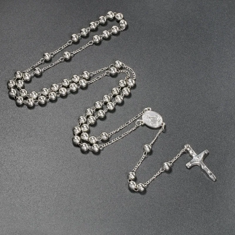 Metal Round Beads Rosary Necklace Virgin Mary Medal Crucifix Cross Pendant Catholic Christian Prayer Religious Jewelry Gift