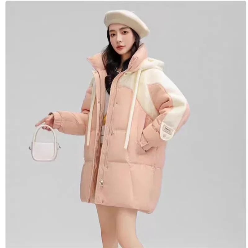 Winter Coat Female Mid-length Down Coats Color Collision Splicing Thick Warm Hooded White Duck Down Casual Loose Warm Coat