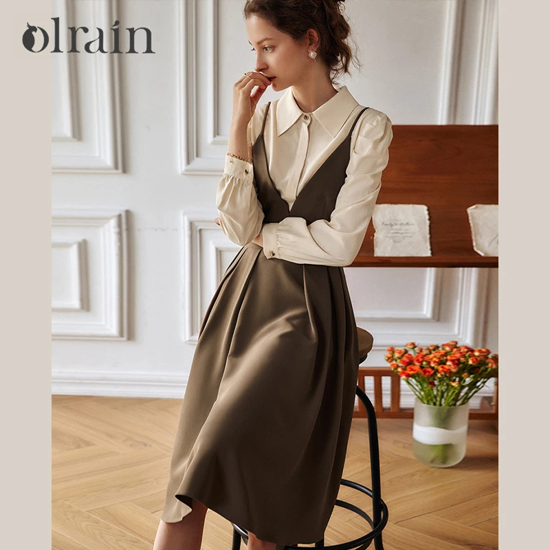 OLrain Women's Vintage A-line 2 in 1 Dresses 2026 Spring Patchwork Lapel Puff Sleeve Bow Tie with Laces Folds Dress O21QL55309