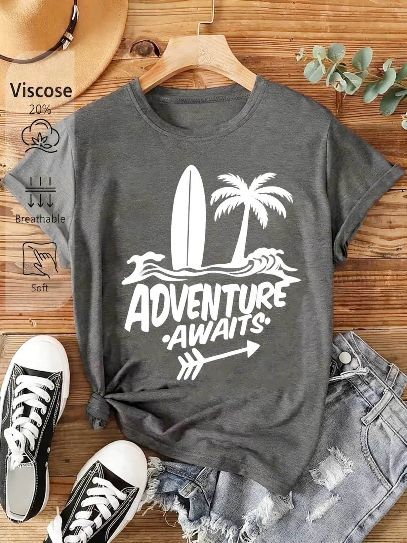

Plus size women's short sleeve T-shirt Surfboard Palm Tree Waves Adventure Awaits Arrow Spring and Summer Must-Haves summer