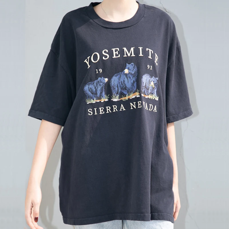 

BrandyMelville Polar Bear Embroidery Print ort Sve Women's Loose Cool Top T-irt Korean Sle round Ne Cotton Summer