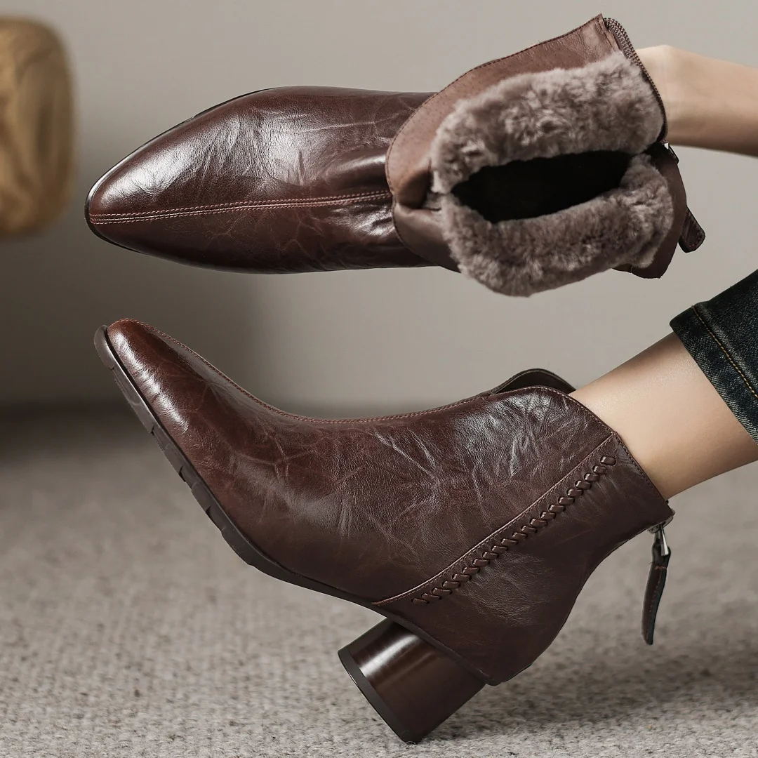 

Women's genuine leather pointed toe back zip wool inside winter ankle snow boots 5cm round med heel elegant ladies short booties